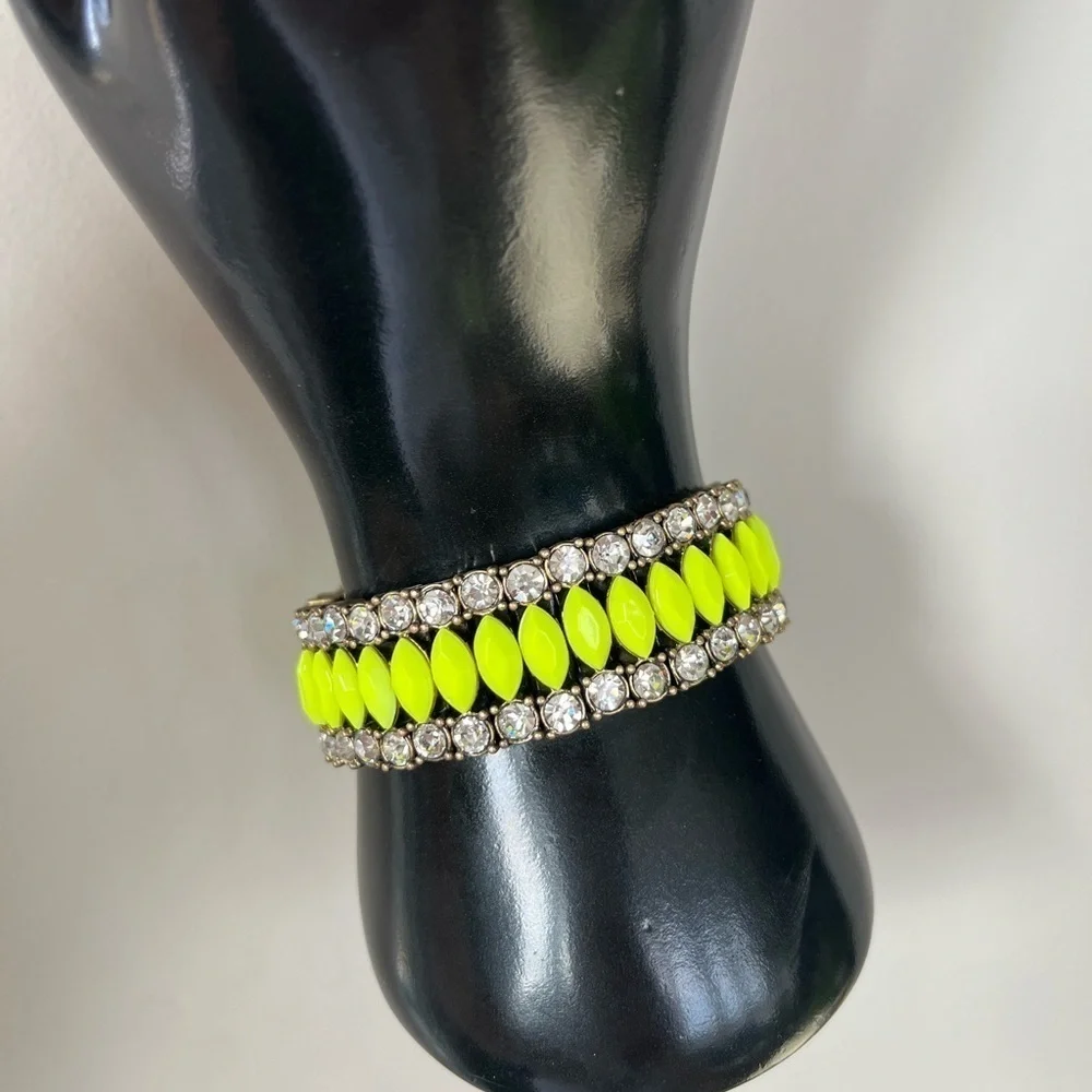 JCREW NWT rhinestone brass neon yellow stretch bracelet prom - Picture 12 of 14